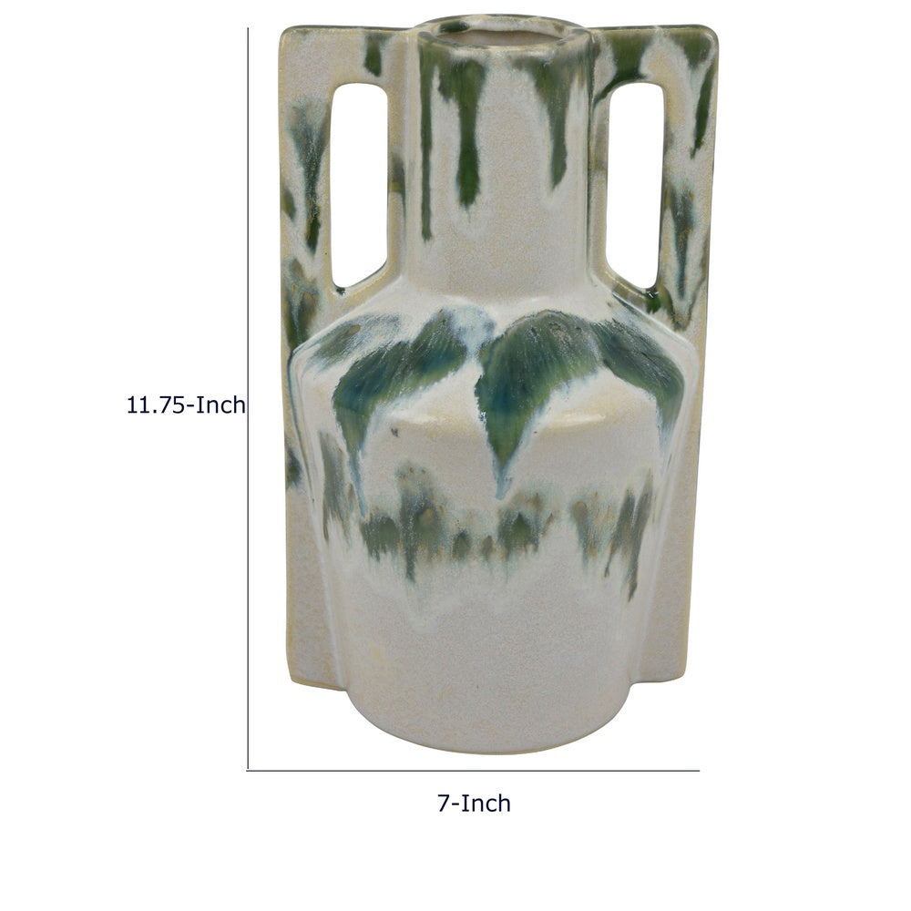 Zyma Modern Vase with Dual H&le | Green Drip Glaze | White Ceramic