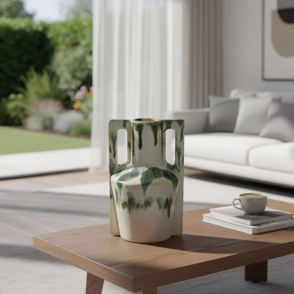 Zyma Modern Vase with Dual H&le | Green Drip Glaze | White Ceramic