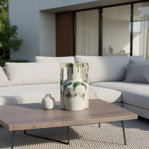 Zyma Modern Vase with Dual H&le | Green Drip Glaze | White Ceramic