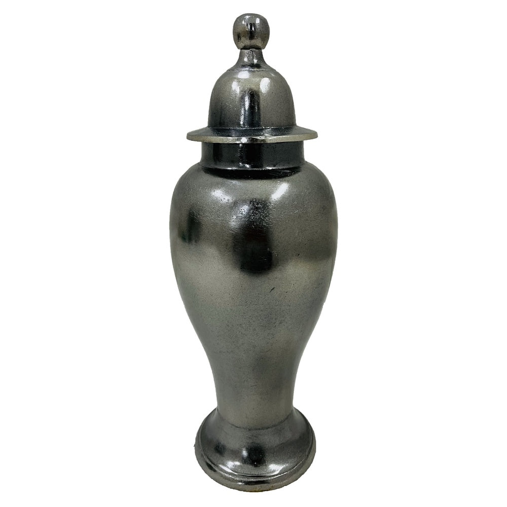 Anila Traditional Temple Jar with Dome Lid | Black Chrome Metal 21"