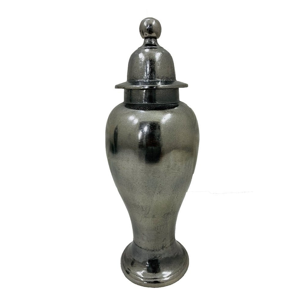 Anila Traditional Temple Jar with Dome Lid | Black Chrome Metal 17"