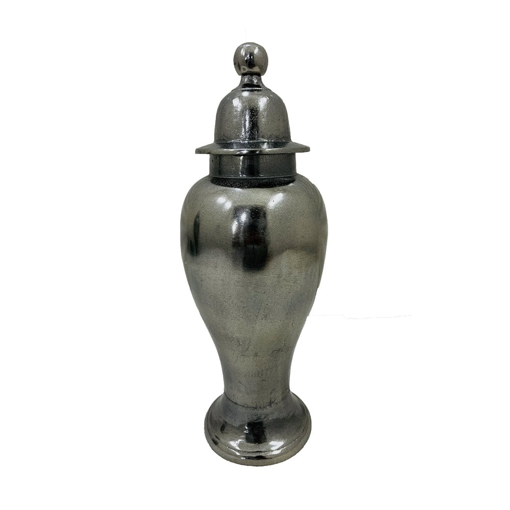 Anila Traditional Temple Jar with Dome Lid | Black Chrome Metal 17"