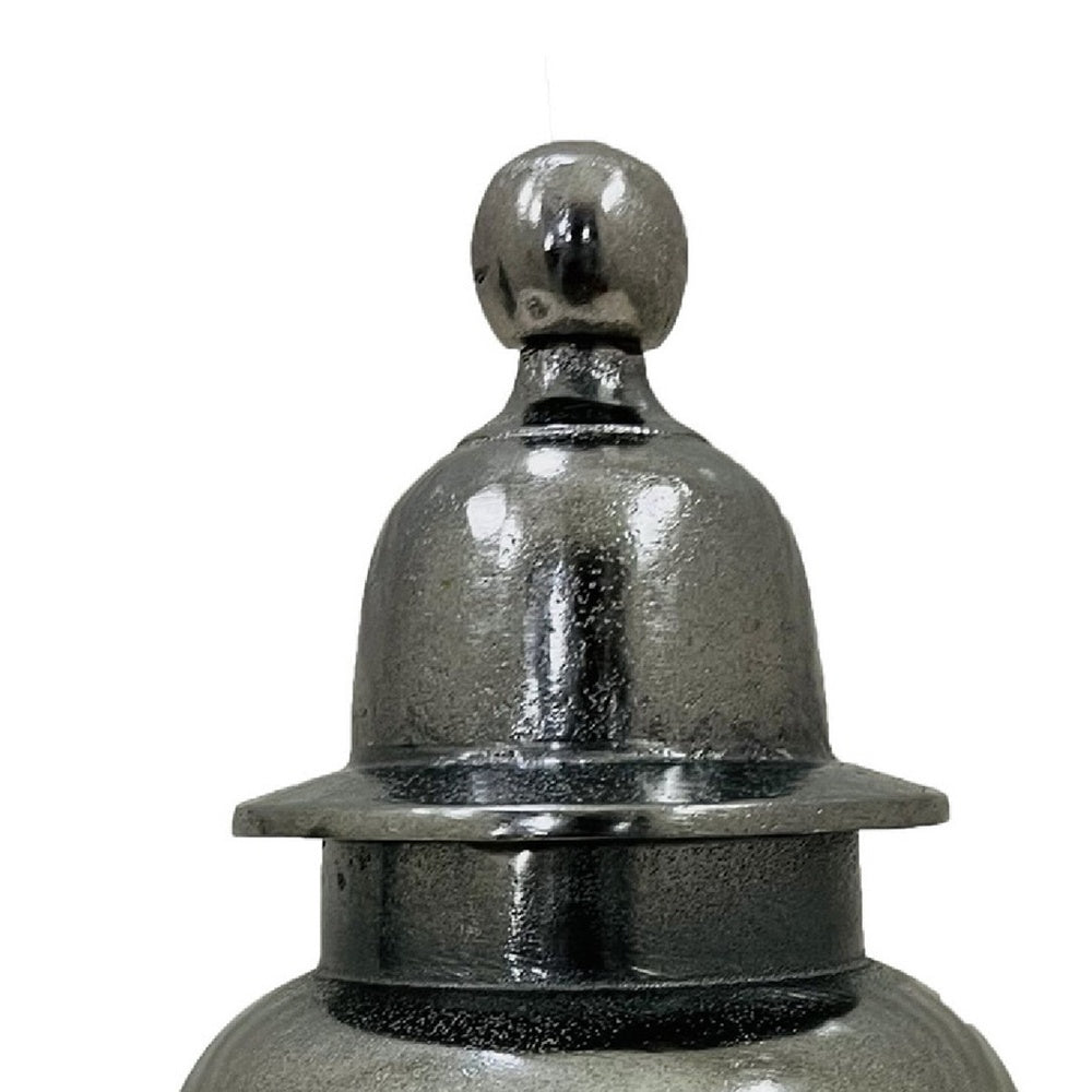 Anila Traditional Temple Jar with Dome Lid | Black Chrome Metal 17"