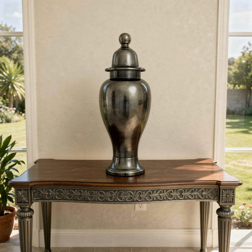Anila Traditional Temple Jar with Dome Lid | Black Chrome Metal 17"
