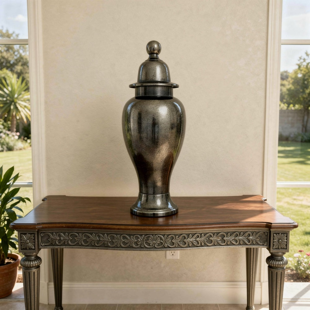 Anila Traditional Temple Jar with Dome Lid | Black Chrome Metal 17"