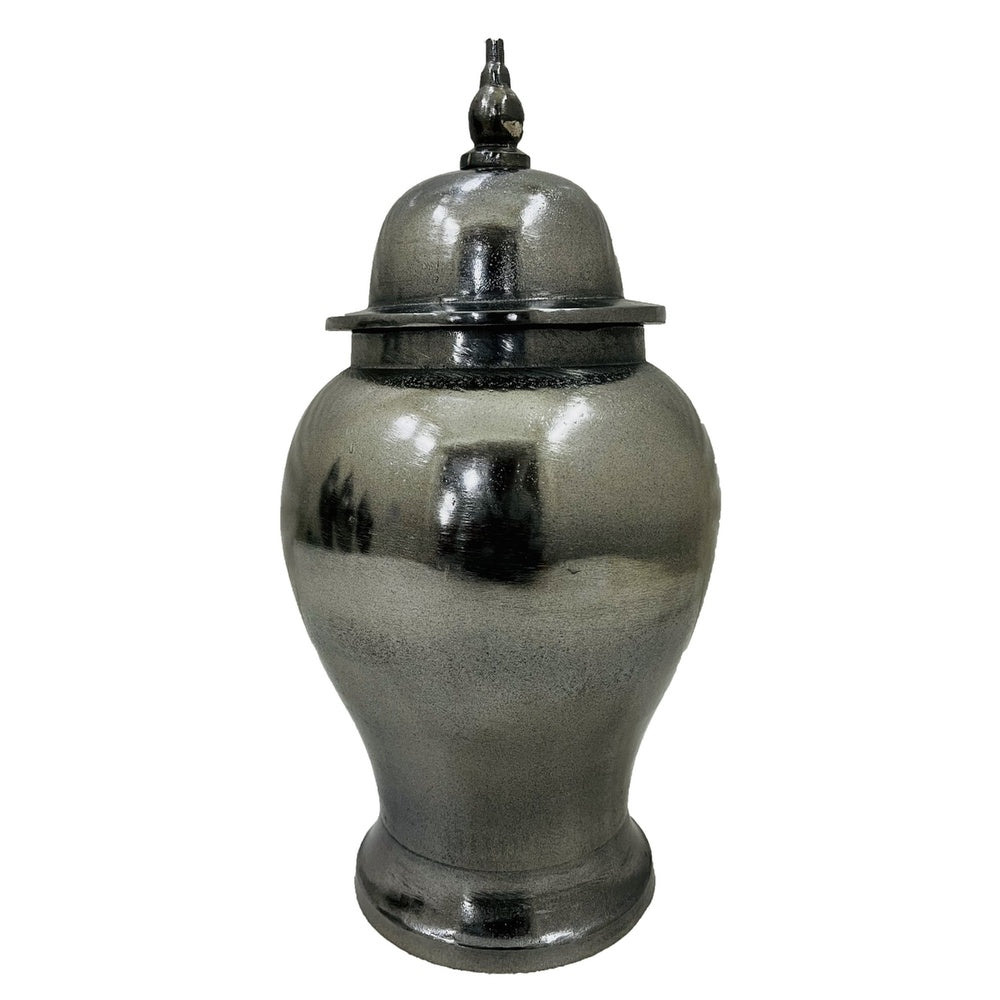 Anila Traditional Temple Jar with Dome Lid | Black Chrome Metal 21"