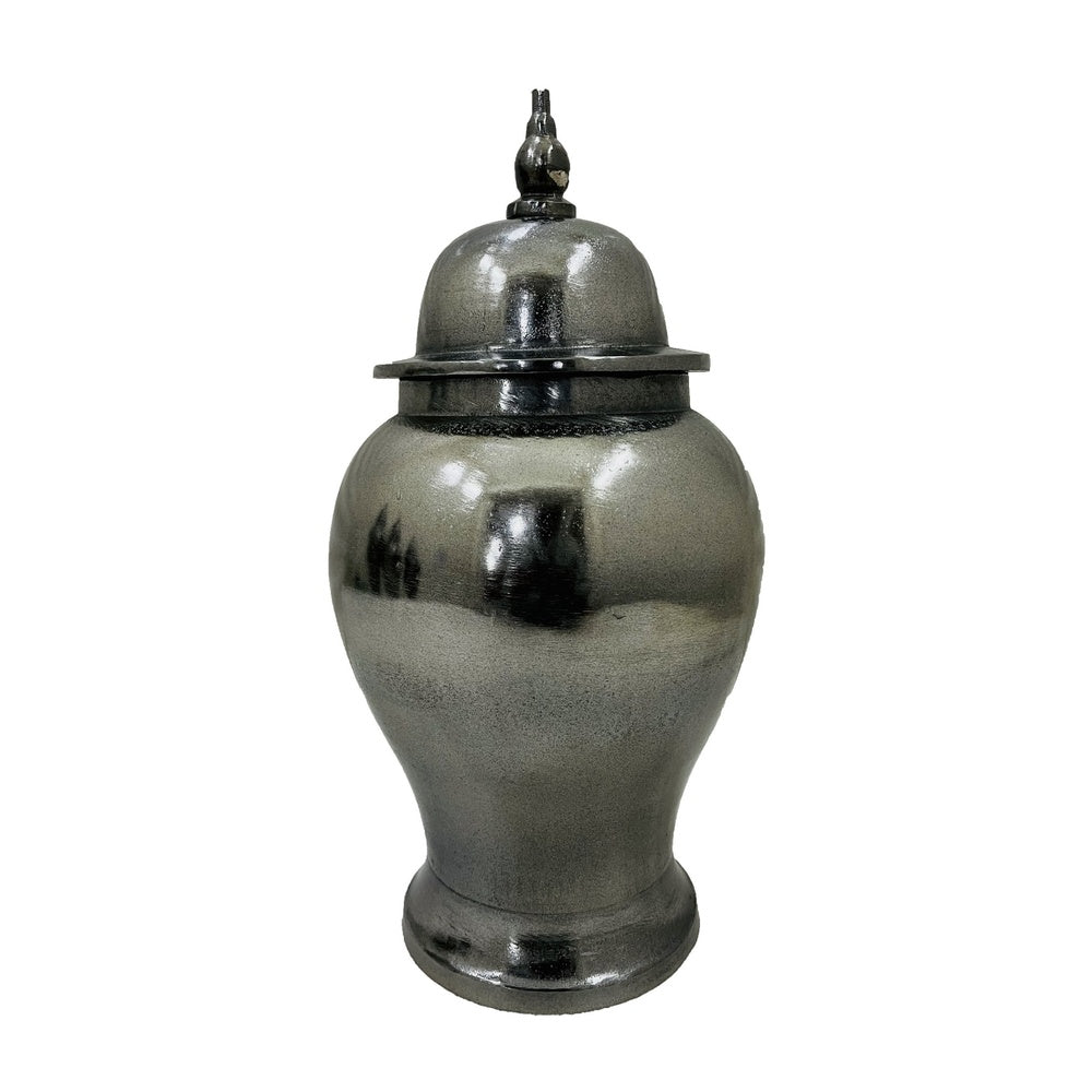 Anila Traditional Temple Jar with Dome Lid | Black Chrome Metal 21"