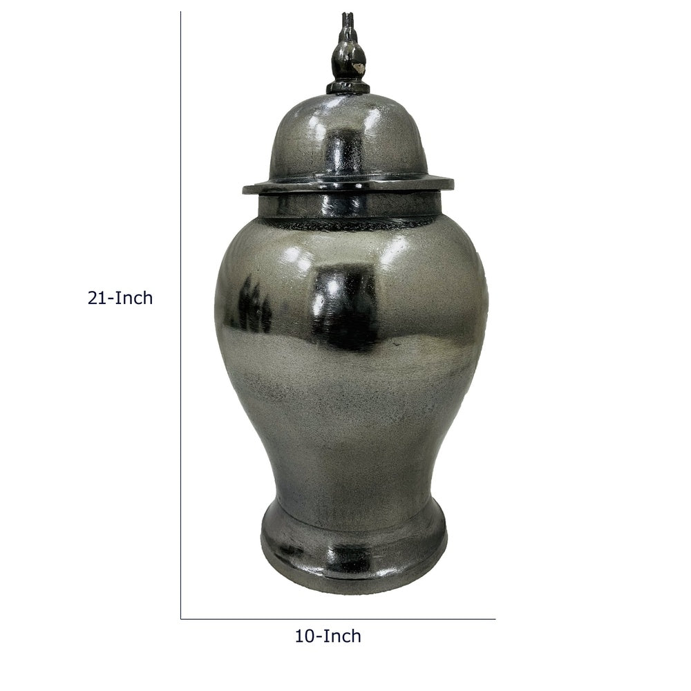 Anila Traditional Temple Jar with Dome Lid | Black Chrome Metal 21"