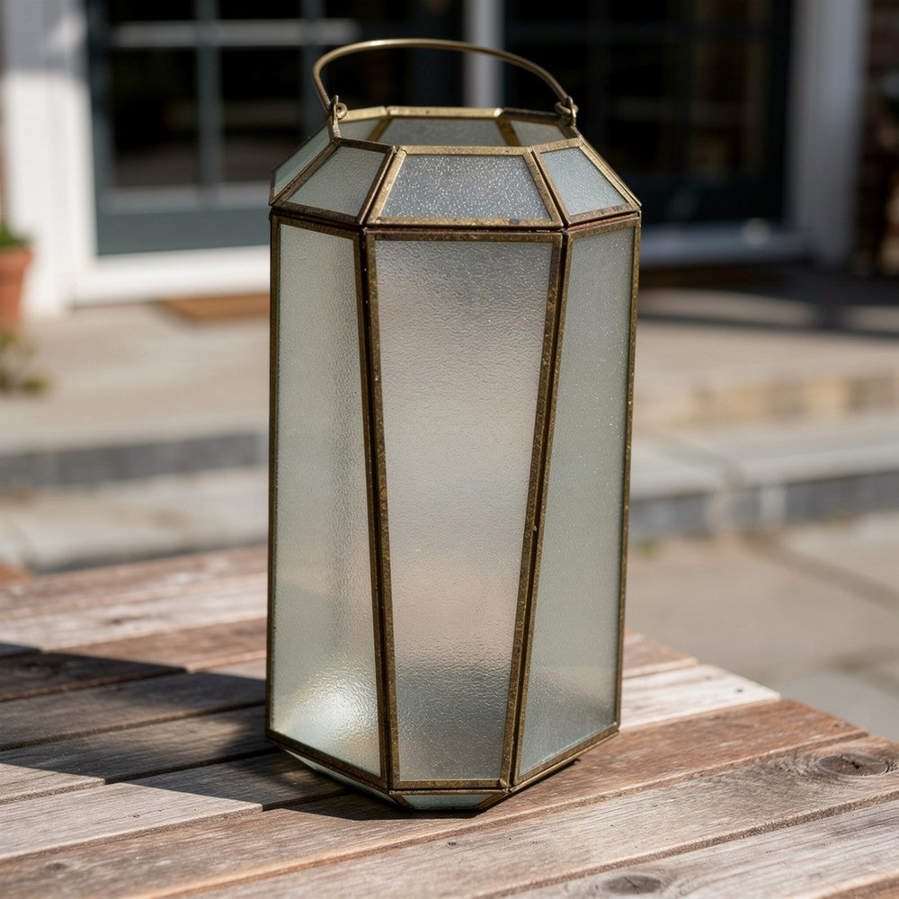 Raha Vintage Lantern with Frosted Glass Panels | Bronze Metal Frame 13"