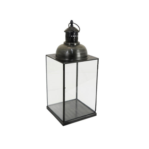 Glenn Vintage Style Lantern | Glass Panels | H&le Top Ring | Gray Metal 15"