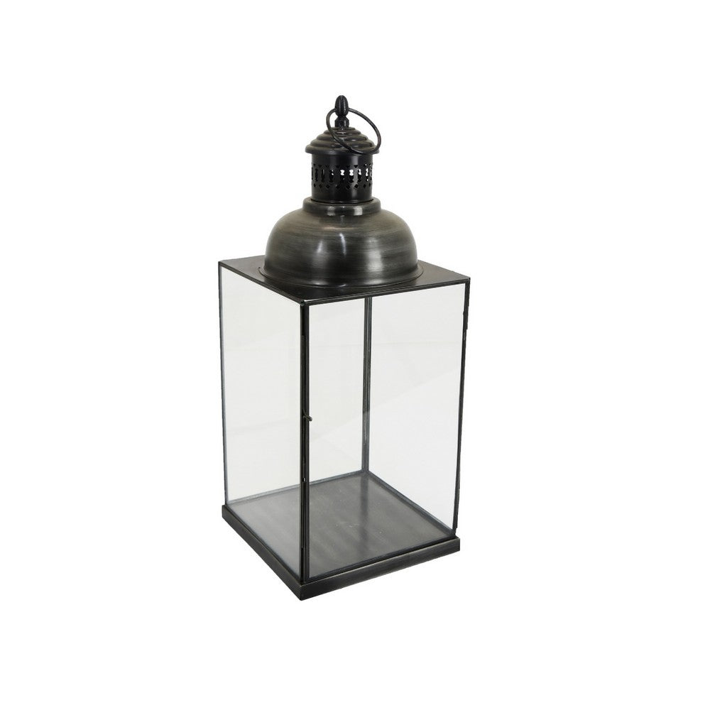 Glenn Vintage Style Lantern | Glass Panels | H&le Top Ring | Gray Metal 15"