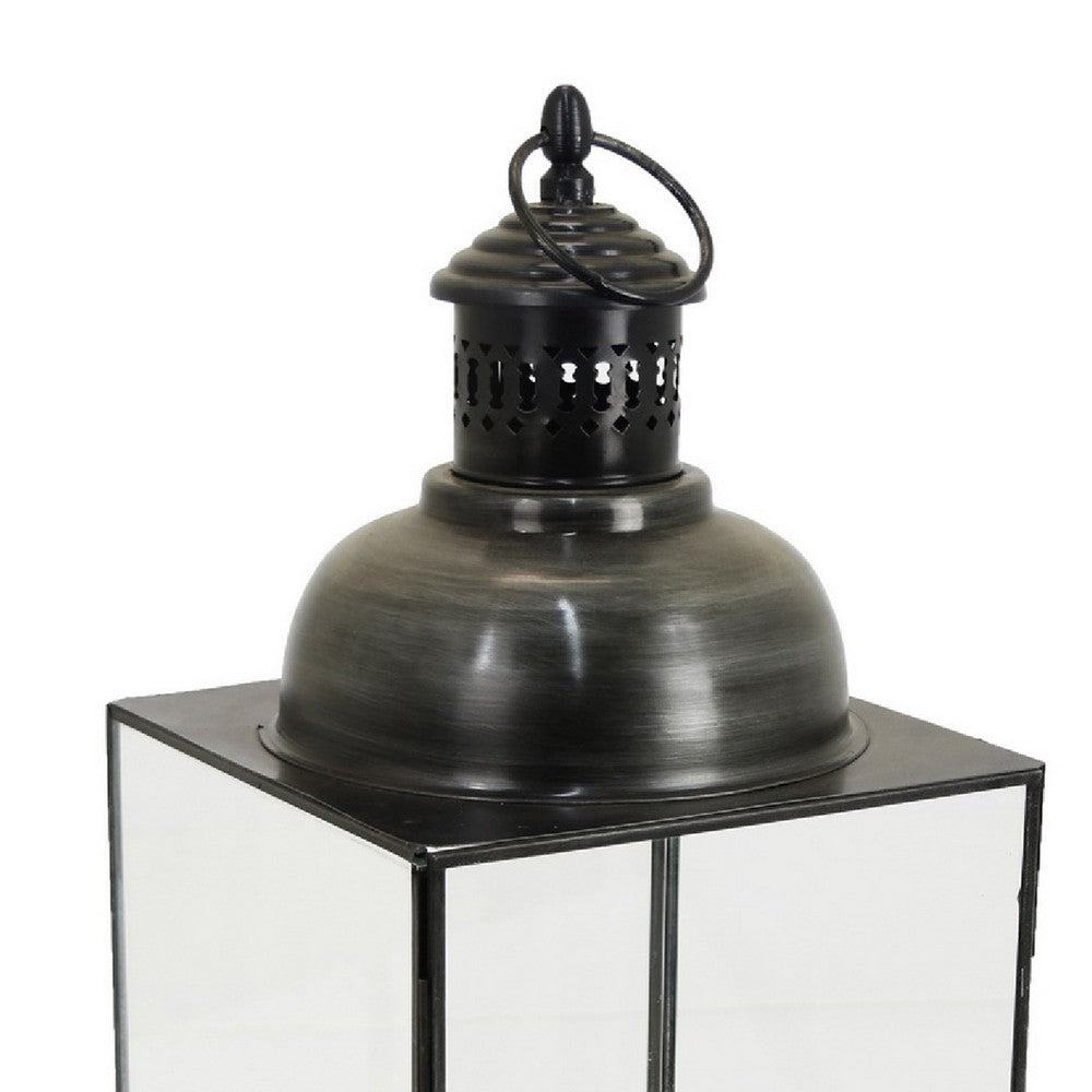 Glenn Vintage Style Lantern | Glass Panels | H&le Top Ring | Gray Metal 15"
