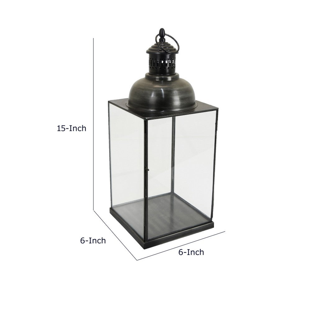 Glenn Vintage Style Lantern | Glass Panels | H&le Top Ring | Gray Metal 15"