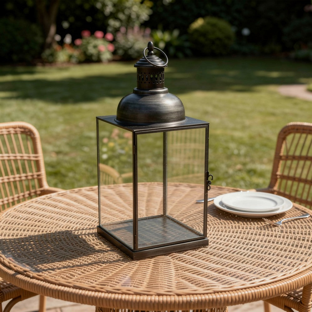 Glenn Vintage Style Lantern | Glass Panels | H&le Top Ring | Gray Metal 15"
