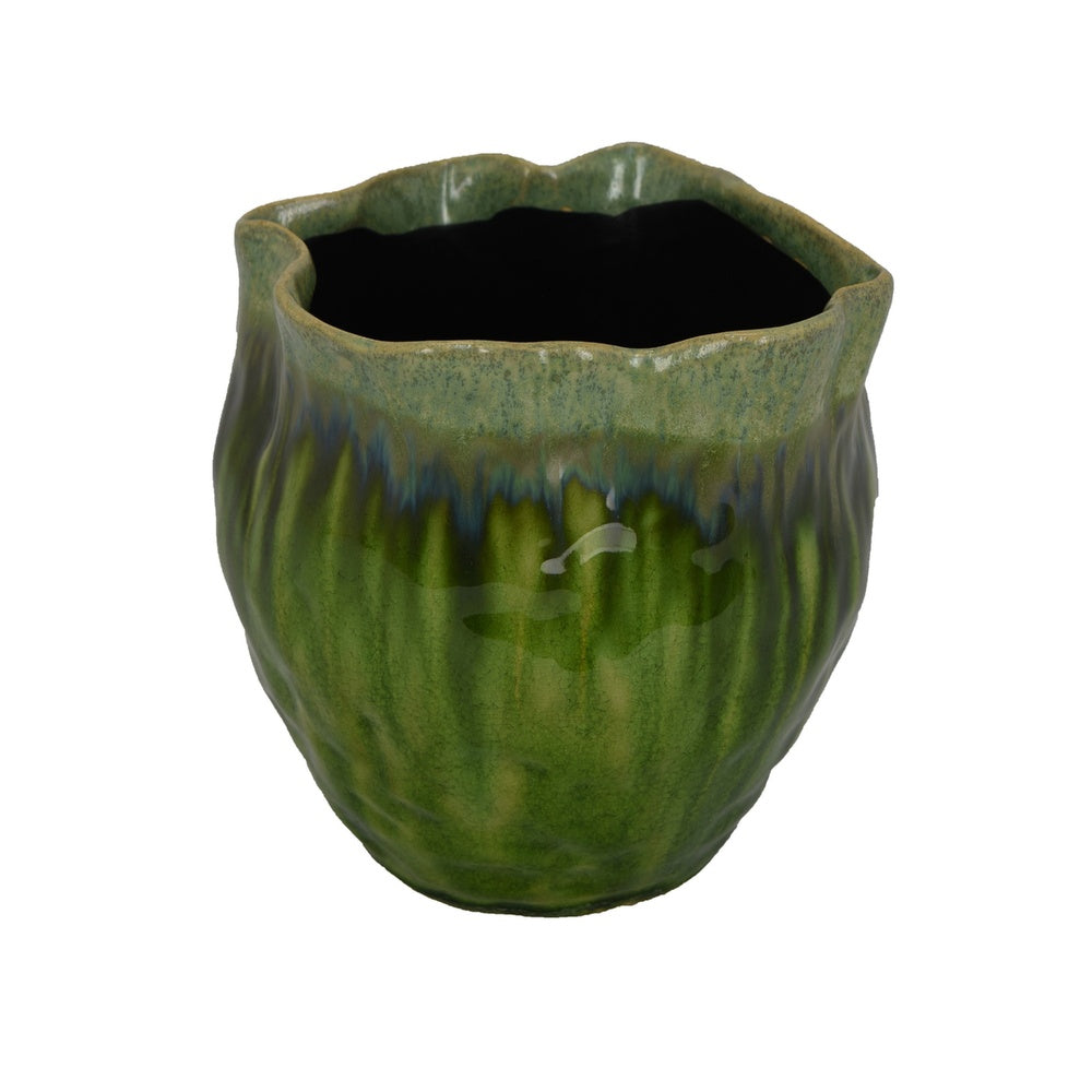 Ashly Decorative Planter with Scalloped Rim | Green Textured Ceramic 8"