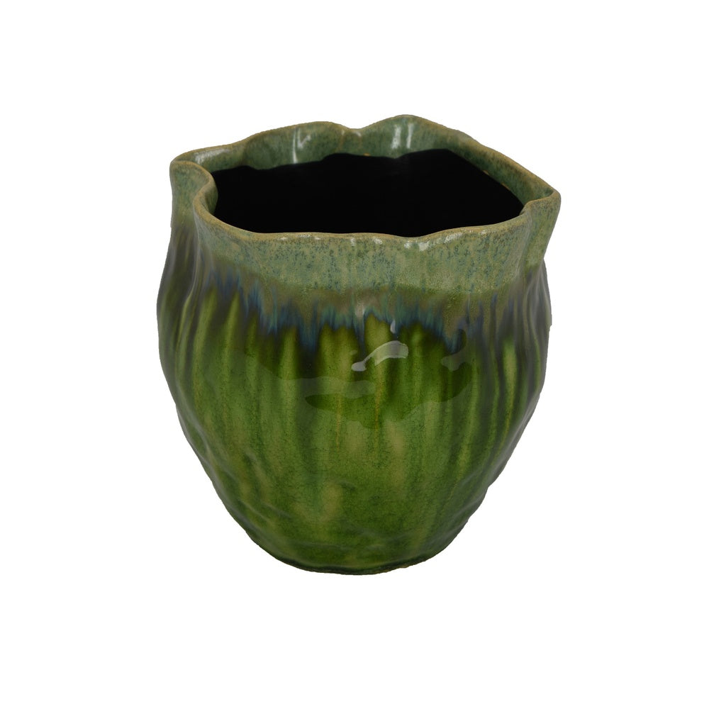 Ashly Decorative Planter with Scalloped Rim | Green Textured Ceramic 8"