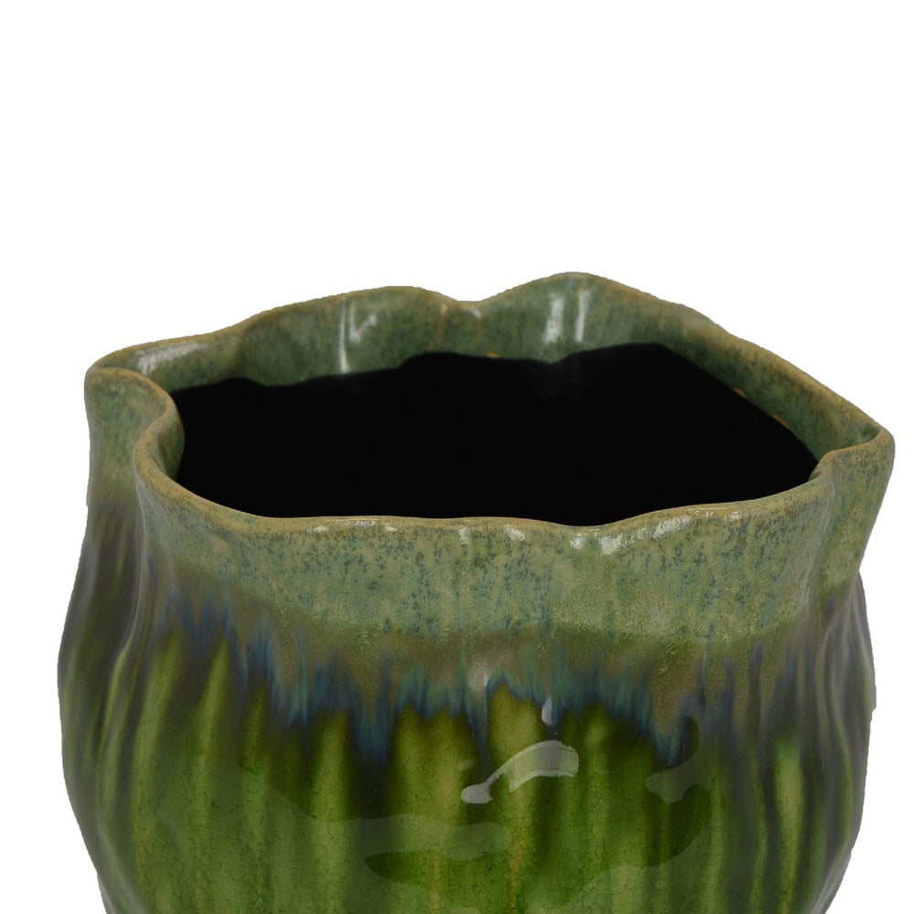 Ashly Decorative Planter with Scalloped Rim | Green Textured Ceramic 8"