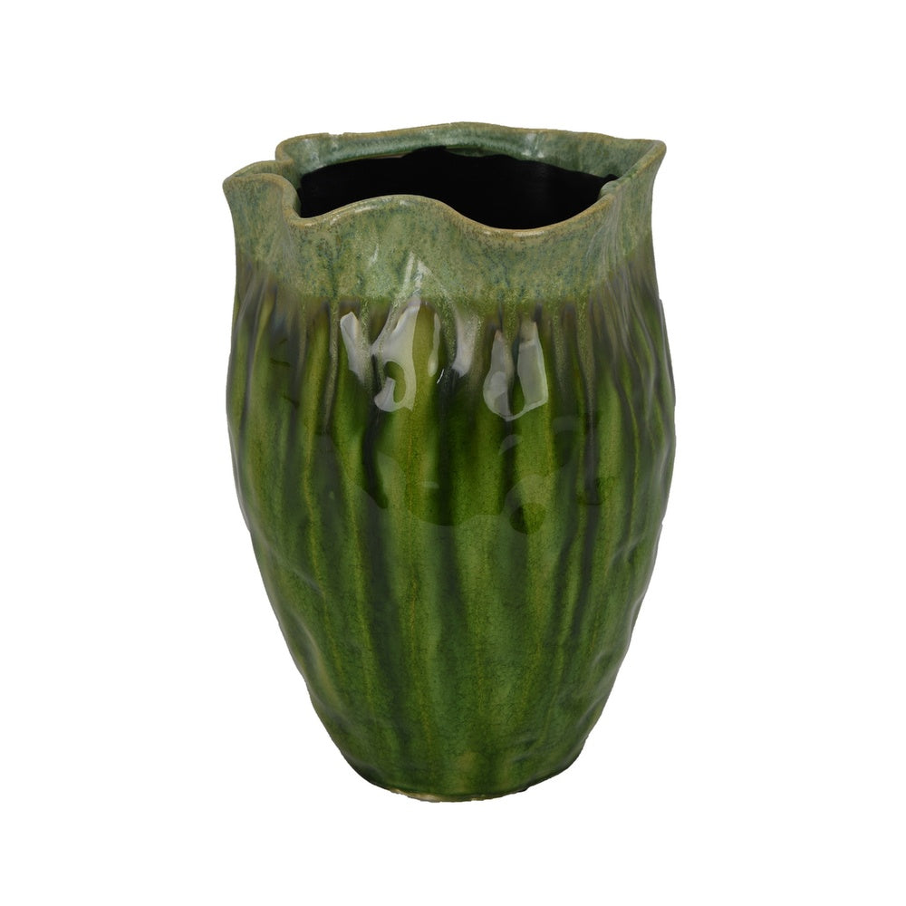 Ashly Decorative Planter with Scalloped Rim | Green Textured Ceramic 11"