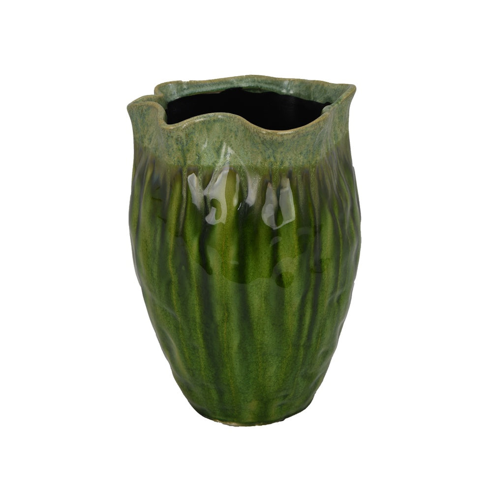 Ashly Decorative Planter with Scalloped Rim | Green Textured Ceramic 11"