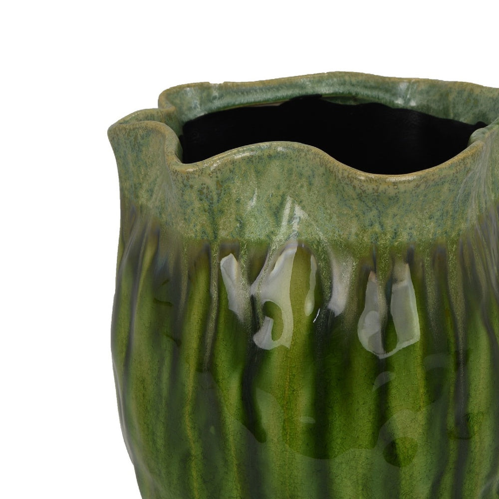 Ashly Decorative Planter with Scalloped Rim | Green Textured Ceramic 11"