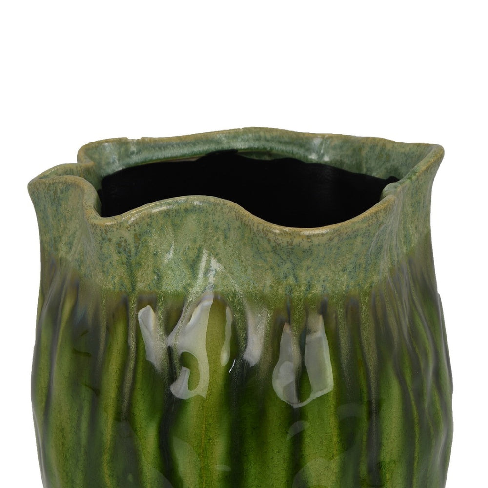 Ashly Decorative Planter with Scalloped Rim | Green Textured Ceramic 11"