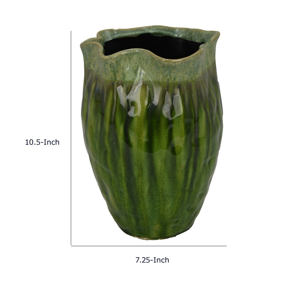 Ashly Decorative Planter with Scalloped Rim | Green Textured Ceramic 11"