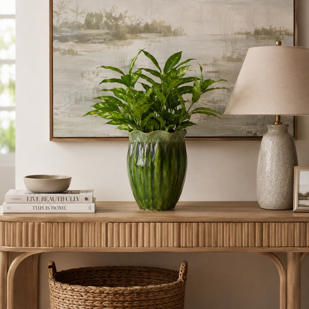 Ashly Decorative Planter with Scalloped Rim | Green Textured Ceramic 11"