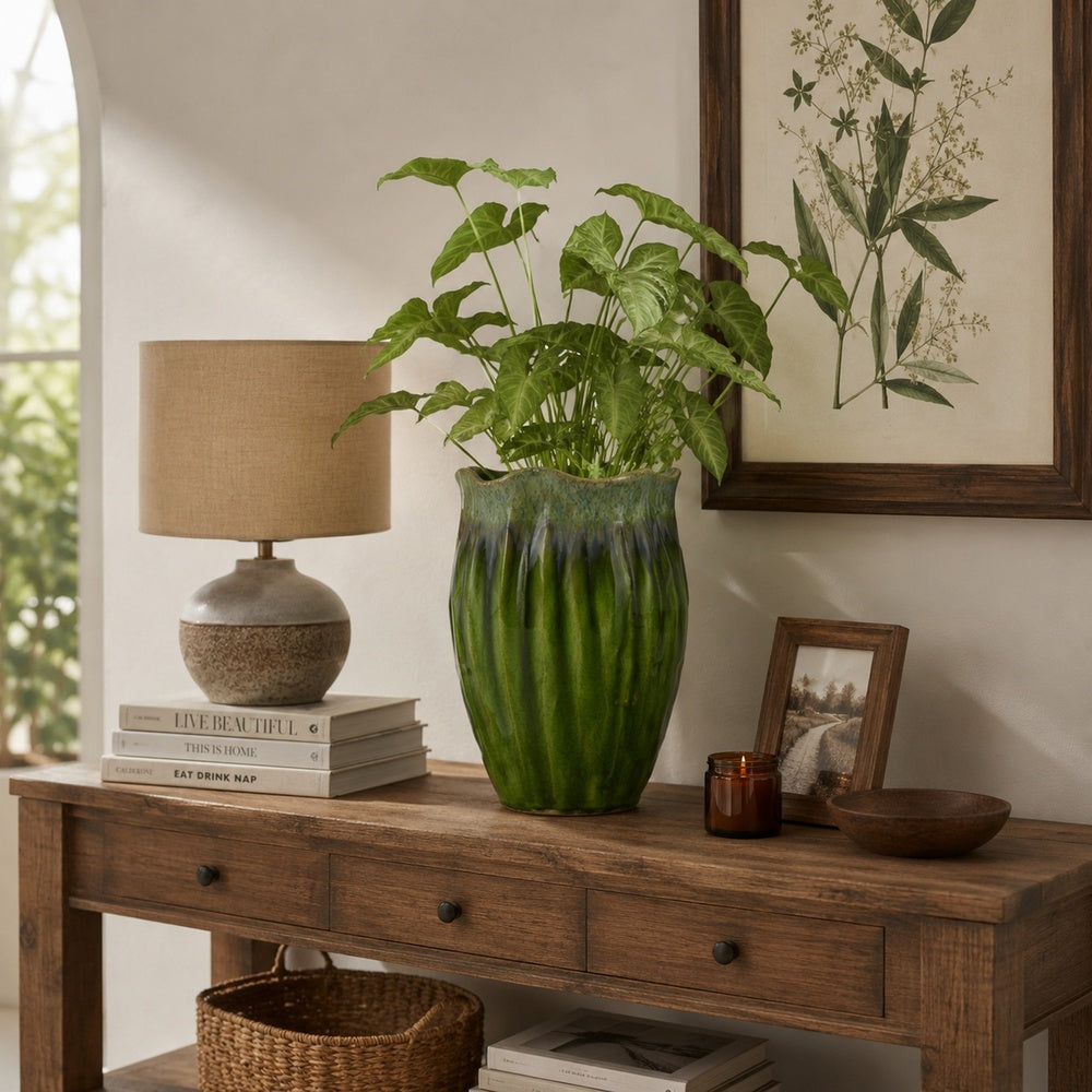 Ashly Decorative Planter with Scalloped Rim | Green Textured Ceramic 11"