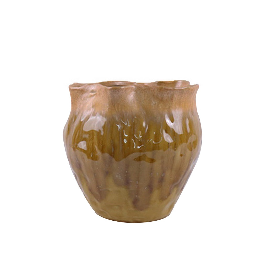 Ashly Decorative Planter with Scalloped Rim | Yellow Textured Ceramic 8"