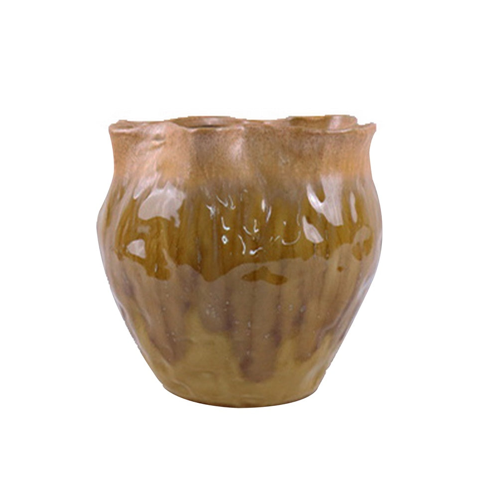 Ashly Decorative Planter with Scalloped Rim | Yellow Textured Ceramic 8"