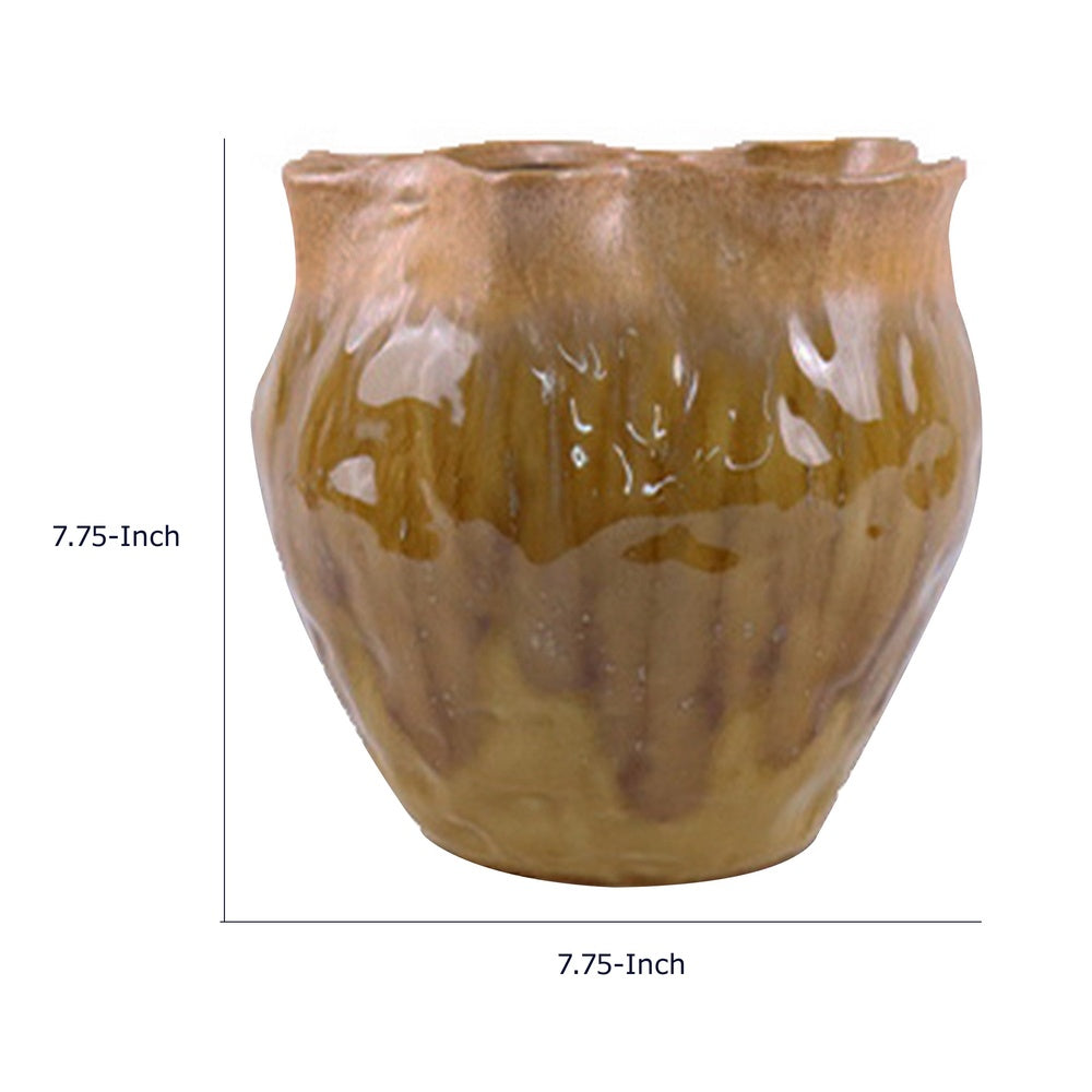 Ashly Decorative Planter with Scalloped Rim | Yellow Textured Ceramic 8"