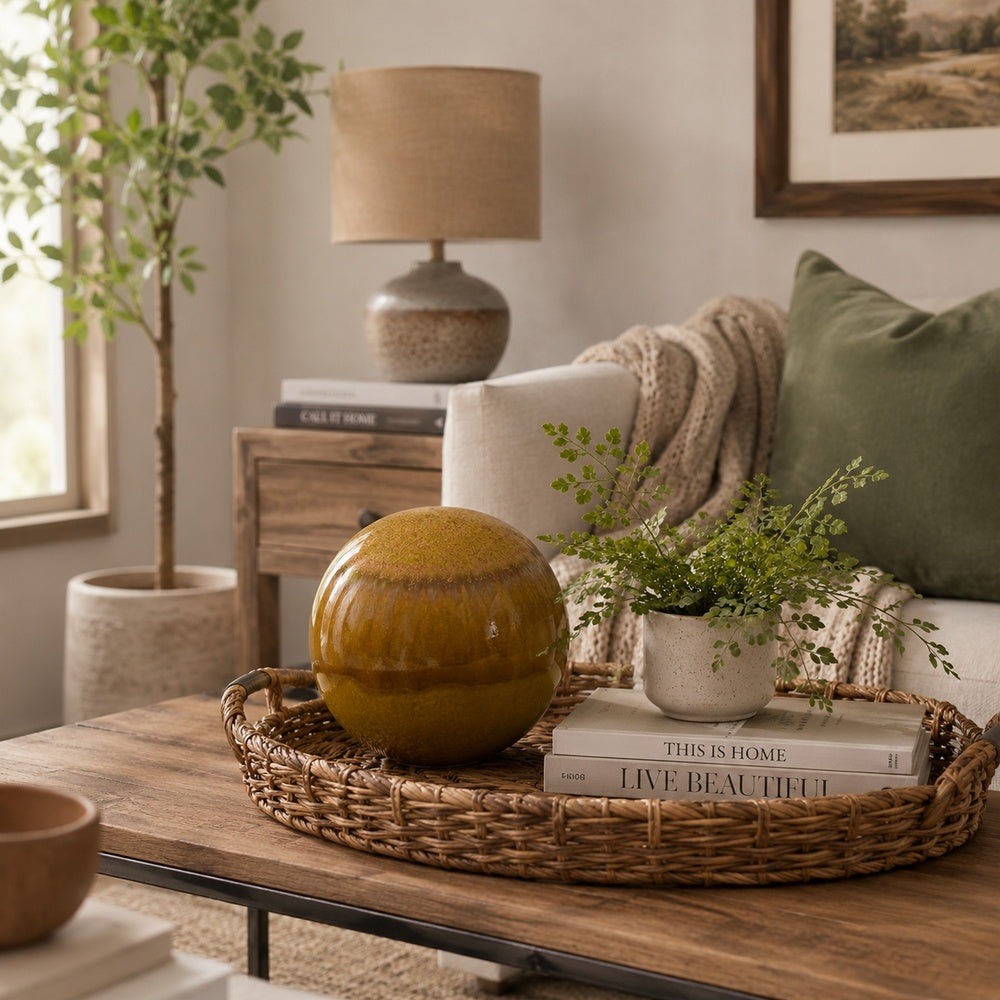 Nash Decorative Orb with Glossy Mustard Yellow Finish | Ceramic 8"