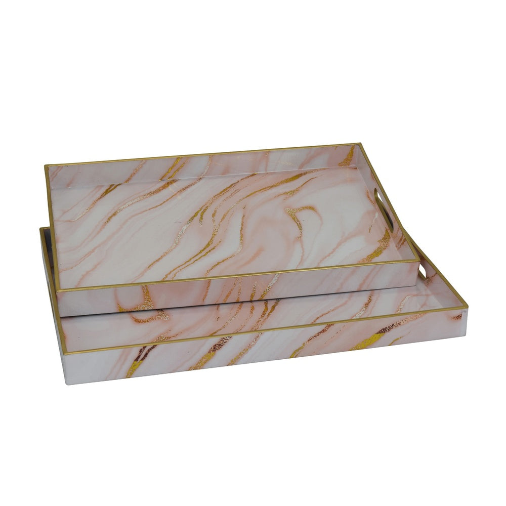 Hamza Rectangular Tray | Set of 2 | Pink-Gold Marble Finish Polyurethane