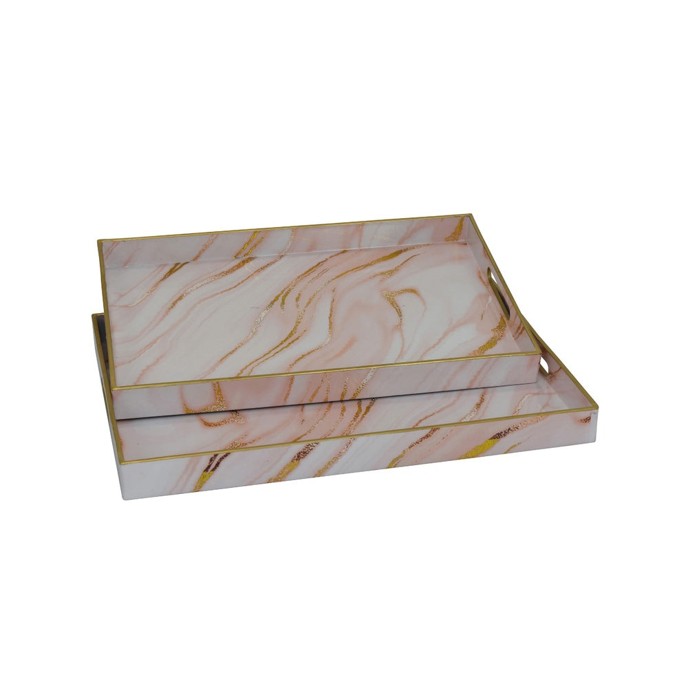 Hamza Rectangular Tray | Set of 2 | Pink-Gold Marble Finish Polyurethane