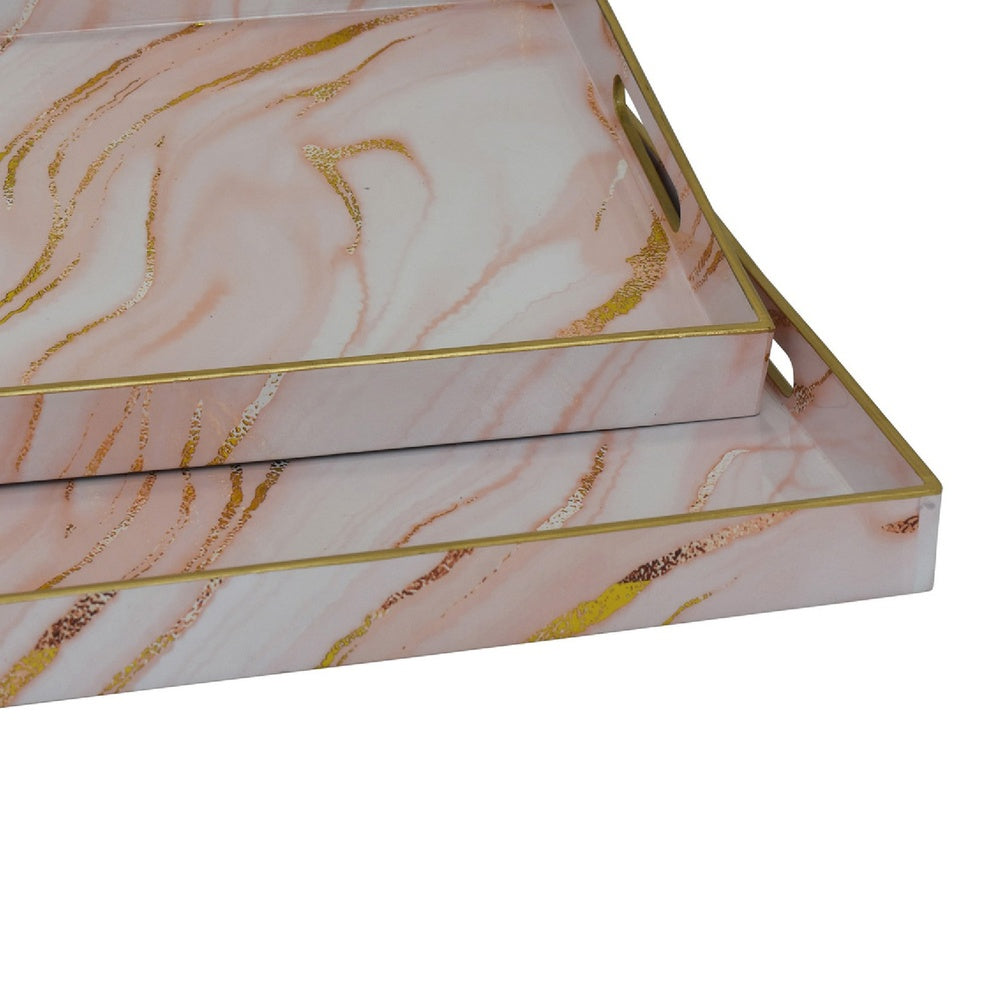 Hamza Rectangular Tray | Set of 2 | Pink-Gold Marble Finish Polyurethane