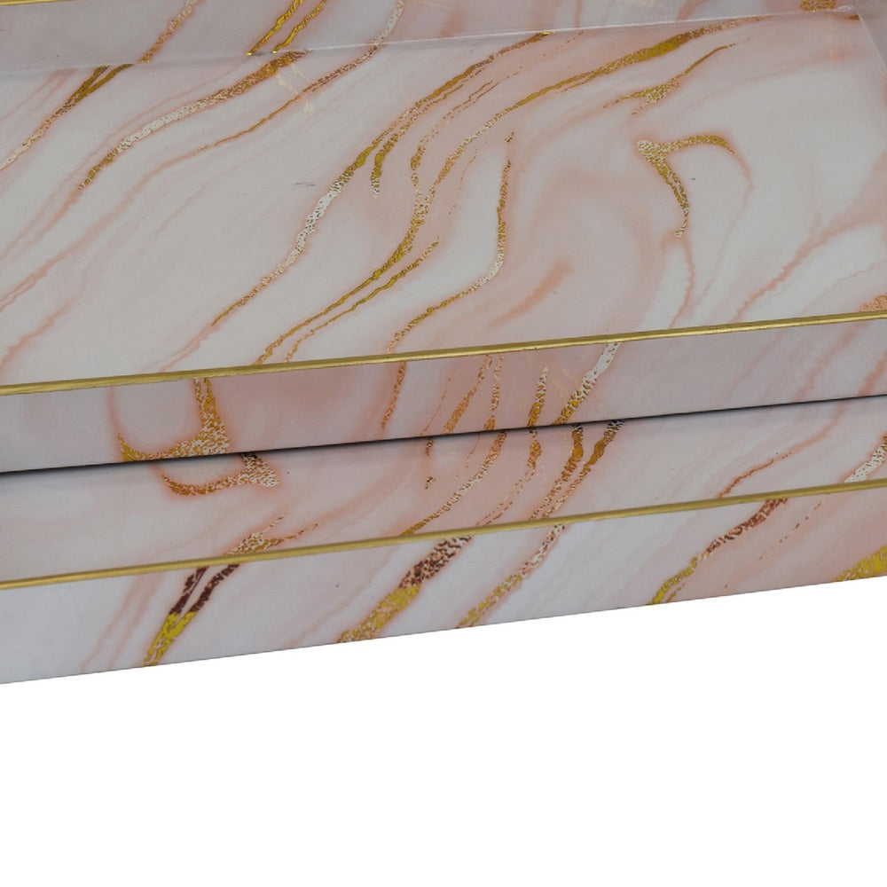 Hamza Rectangular Tray | Set of 2 | Pink-Gold Marble Finish Polyurethane