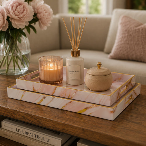 Hamza Rectangular Tray | Set of 2 | Pink-Gold Marble Finish Polyurethane
