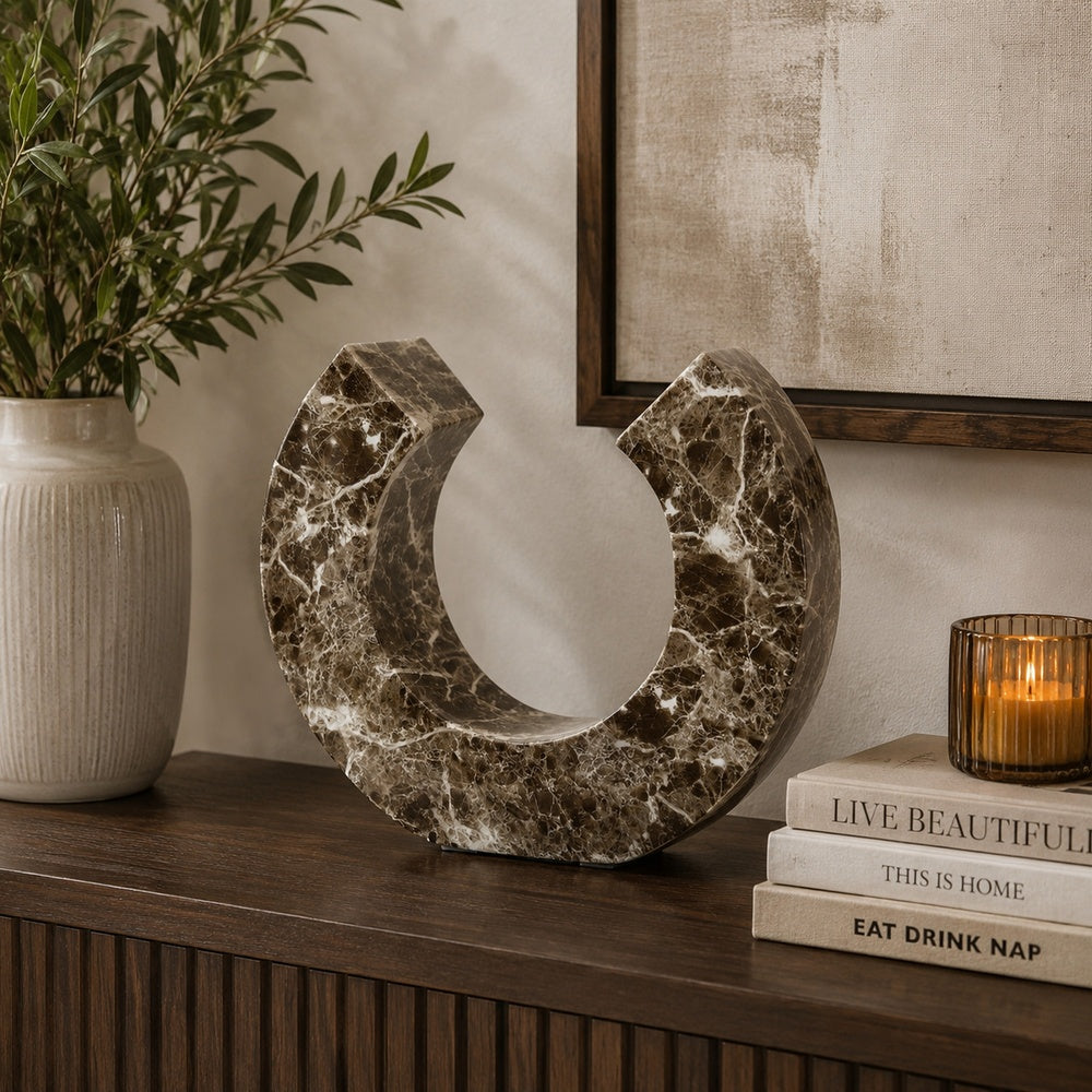 Tabletop Decor Accent | Open-Curved Frame | Brown Marble-Like Resin 14"