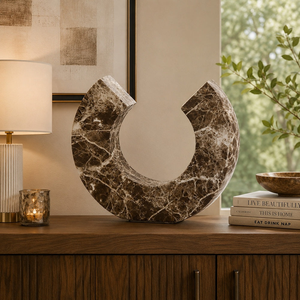 Tabletop Decor Accent | Open-Curved Frame | Brown Marble-Like Resin 17"