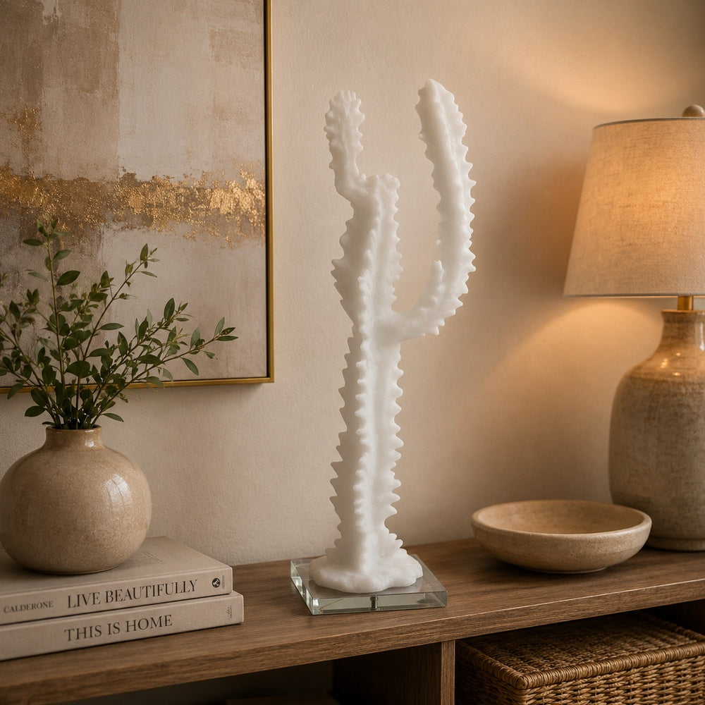 Erica Decorative Cactus Sculpture on Glass Base | White Resin 18"