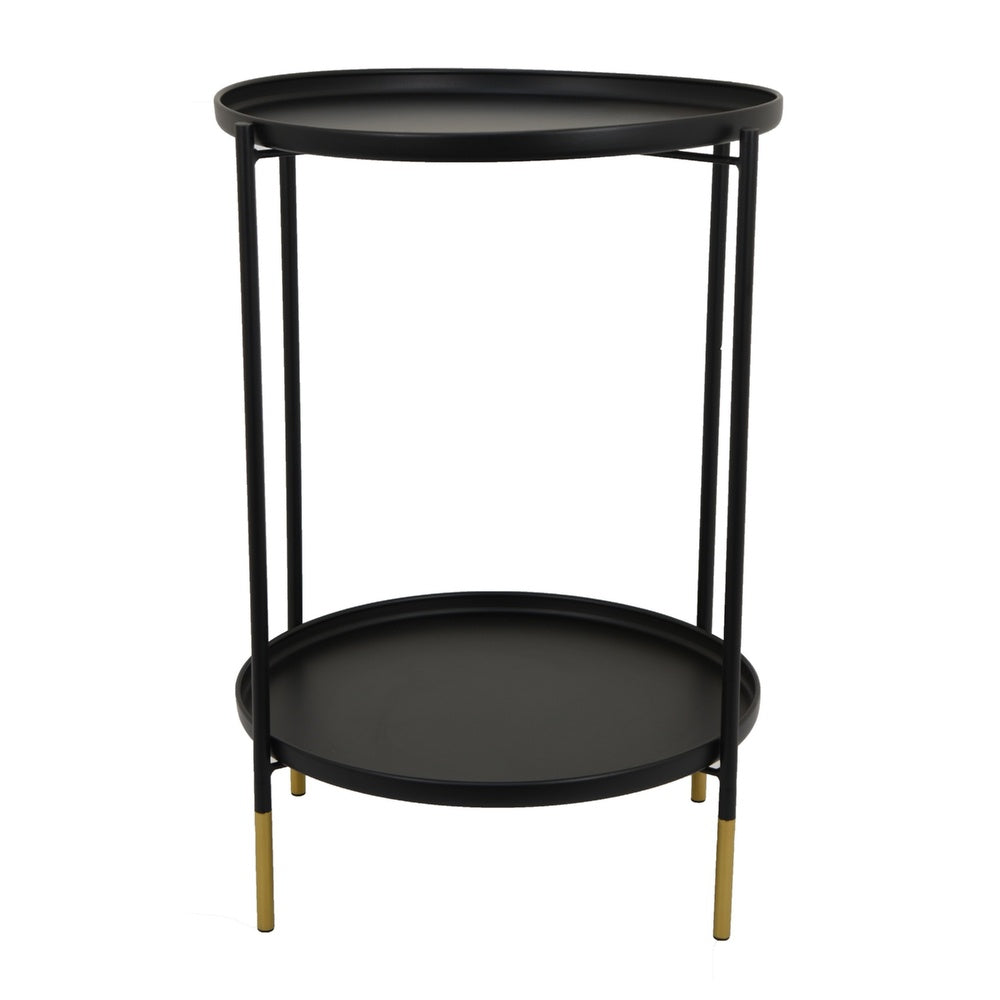 Addy Two-Tier Round Side Table with Tray Shelves Accent | Black Metal 24"
