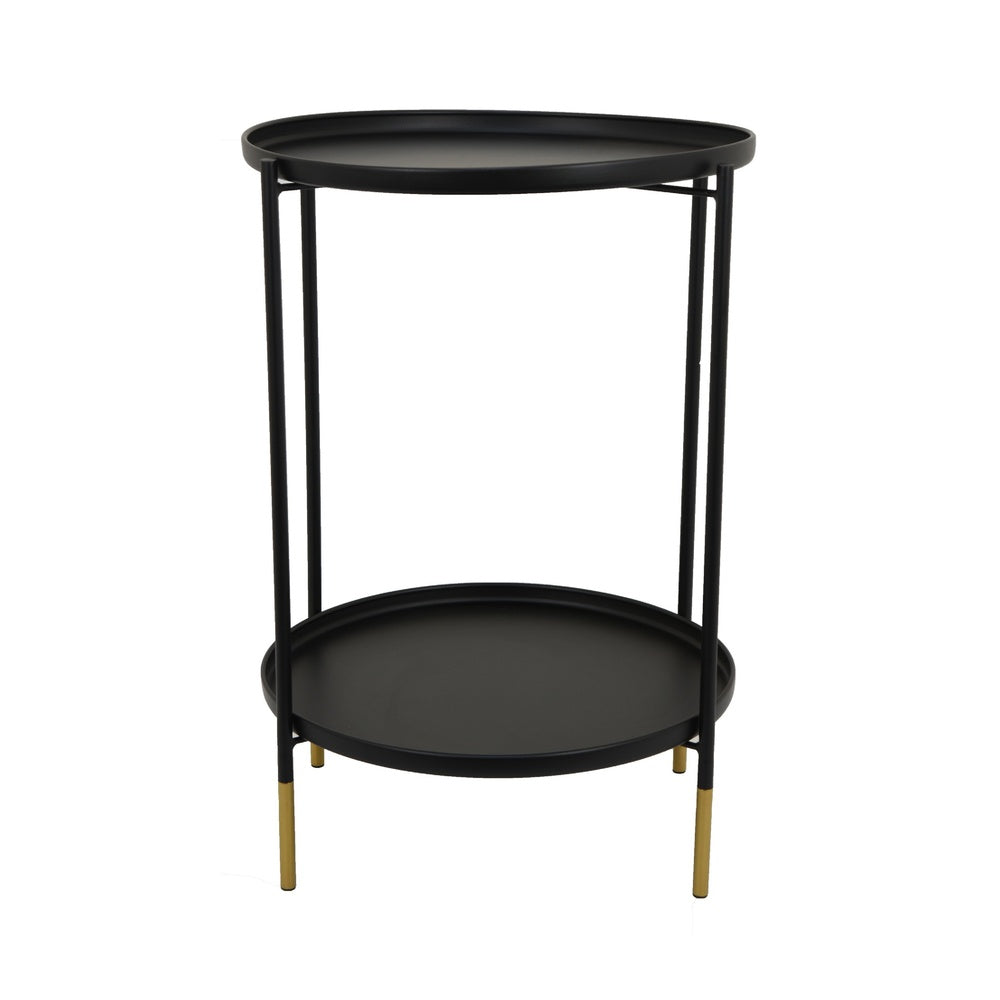 Addy Two-Tier Round Side Table with Tray Shelves Accent | Black Metal 24"