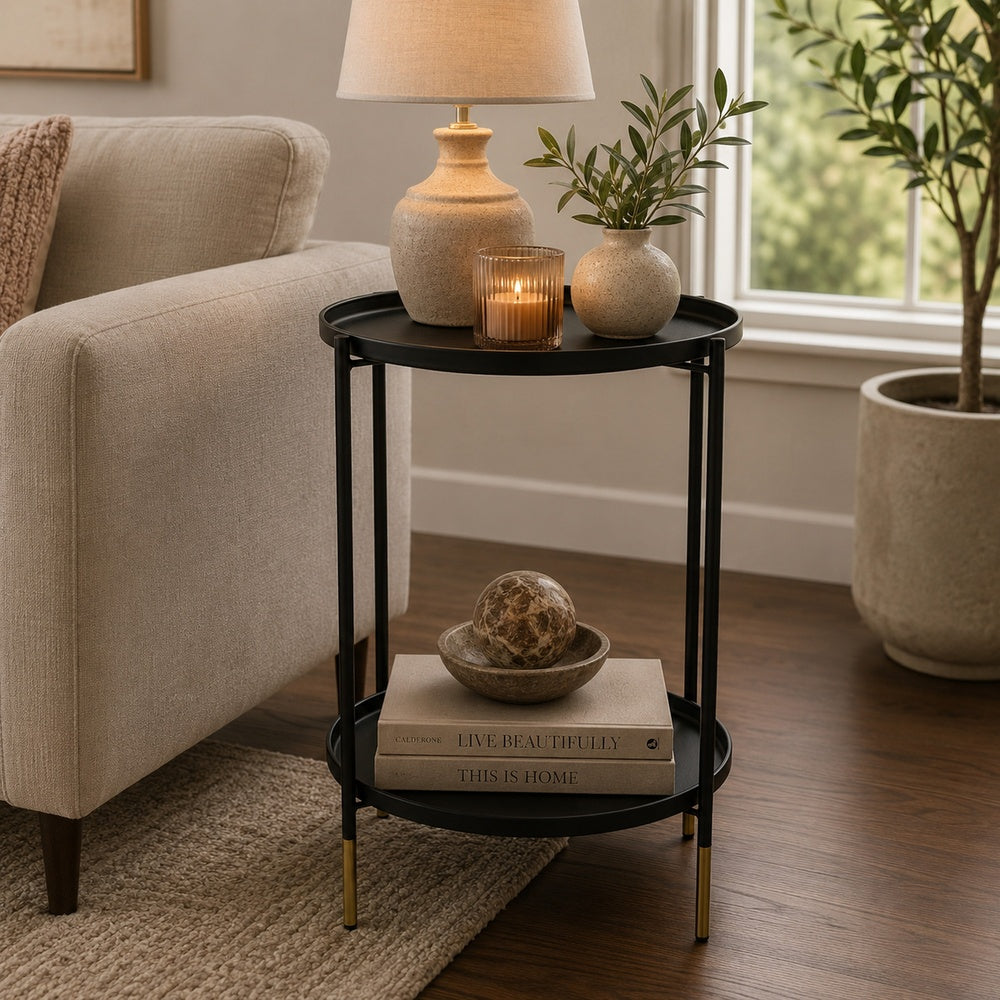 Addy Two-Tier Round Side Table with Tray Shelves Accent | Black Metal 24"