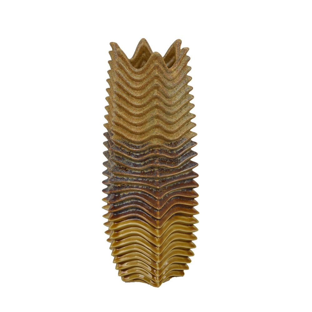 Barny Decorative Vase with Layered Waves | Textured Brown Ceramic 16"