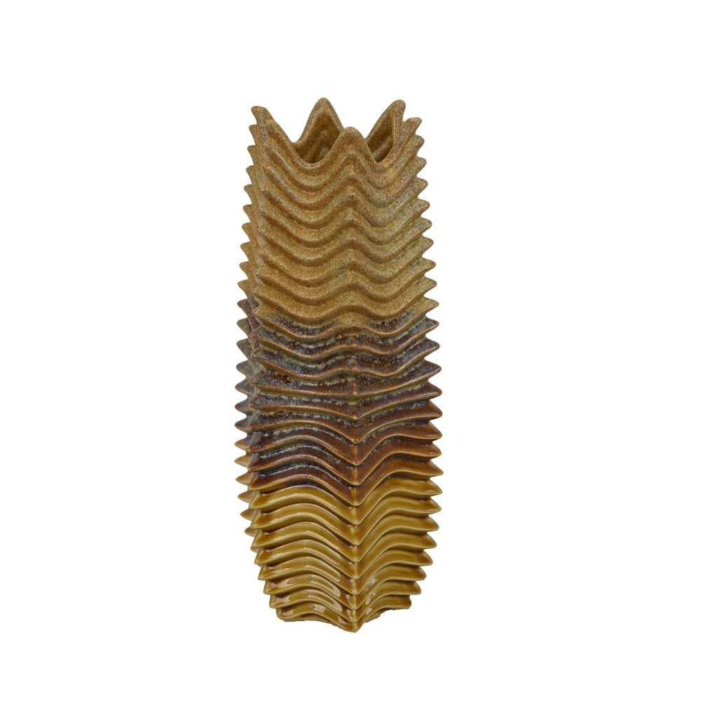 Barny Decorative Vase with Layered Waves | Textured Brown Ceramic 16"