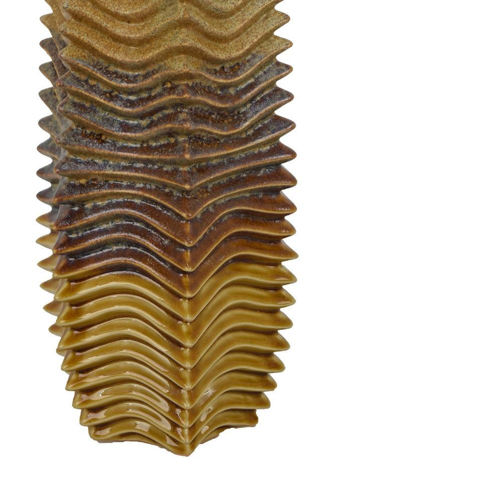 Barny Decorative Vase with Layered Waves | Textured Brown Ceramic 16"