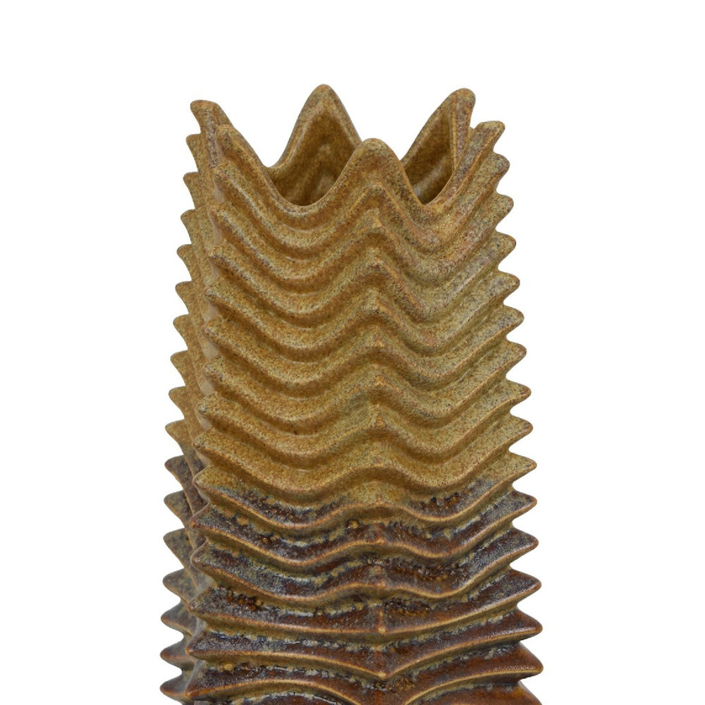 Barny Decorative Vase with Layered Waves | Textured Brown Ceramic 16"