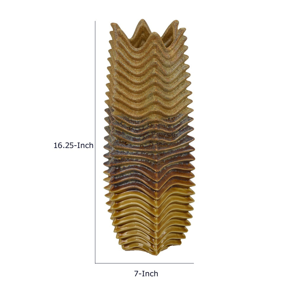 Barny Decorative Vase with Layered Waves | Textured Brown Ceramic 16"