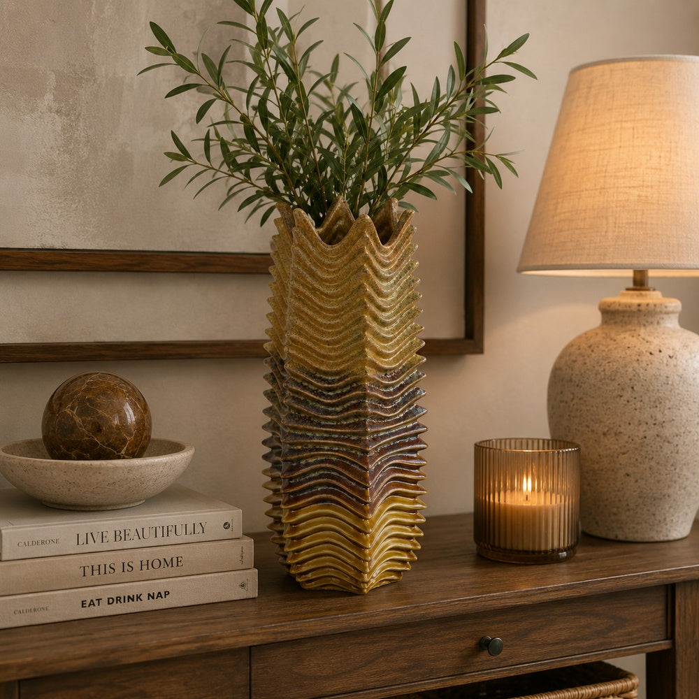 Barny Decorative Vase with Layered Waves | Textured Brown Ceramic 16"