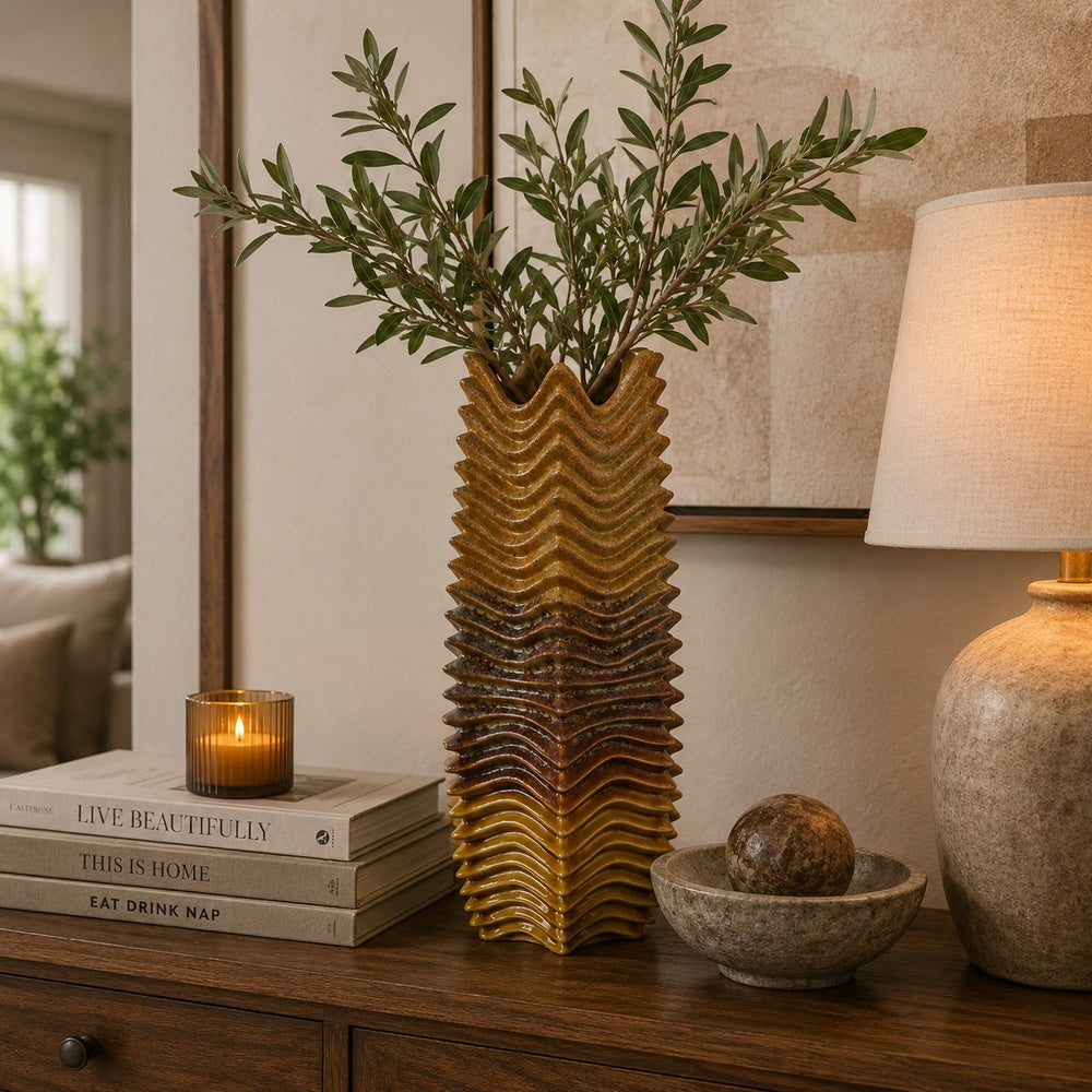 Barny Decorative Vase with Layered Waves | Textured Brown Ceramic 16"